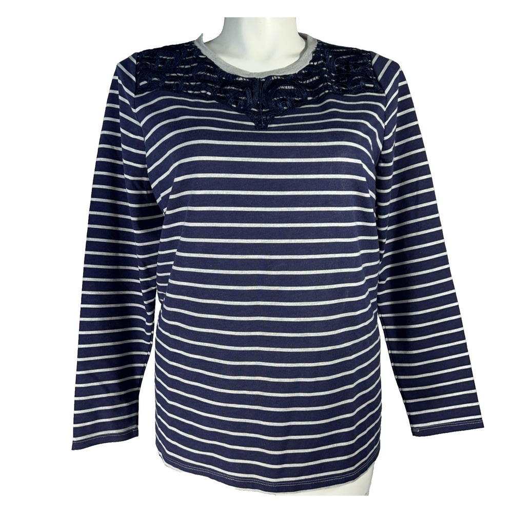 NWT Lane Bryant Top 14 16‎ Navy Blue Gray Stripe Lace Terry Knit Sweatshirt